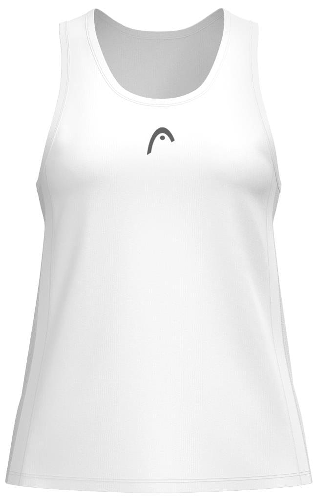The HEAD Club 25 Tech Women's Padel Tank Top in White showcases a discreet front-center logo with a curved line and dot. It features Moisture Transfer Microfiber technology, providing breathability, a classic sleeveless design, and a rounded neckline for ultimate comfort.