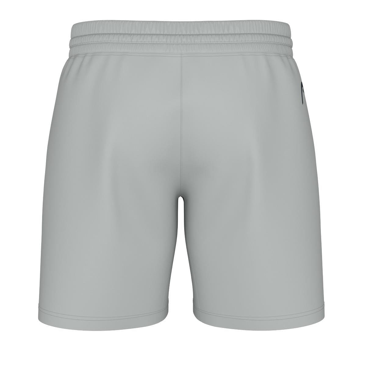 Back view of the HEAD Performance Mens Play Padel Shorts in grey, designed with moisture-wicking microfiber for maximum comfort. These shorts feature an elastic waistband and a plain design, providing 4-way stretch for a simple, minimalist look perfect for active wearers.