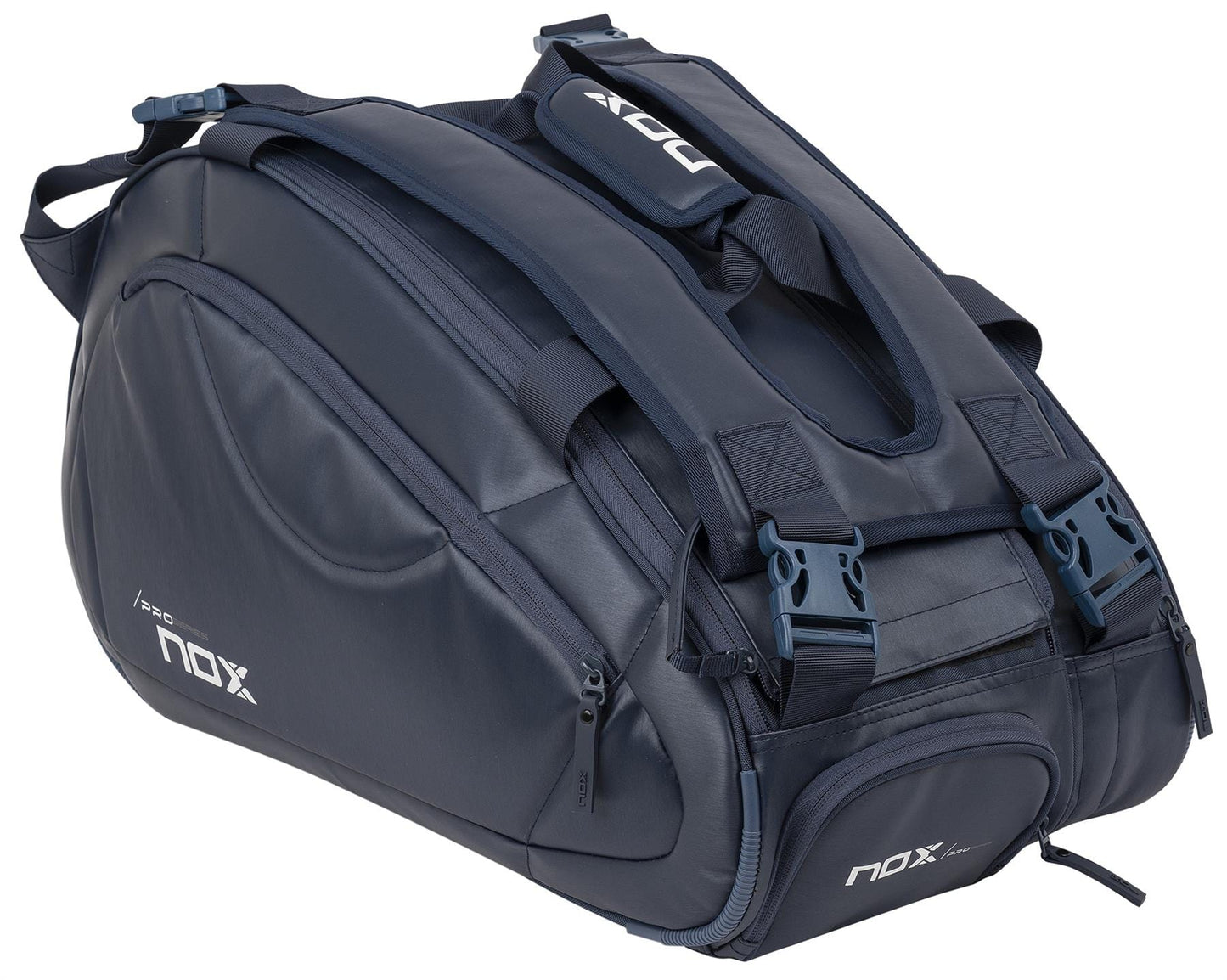 The NOX Pro Series Padel Racket Bag - Blue is a large bag with multiple compartments, zippers, and adjustable straps. It features ThermoTech technology, reinforced handles and buckles, and displays the NOX brand in white.