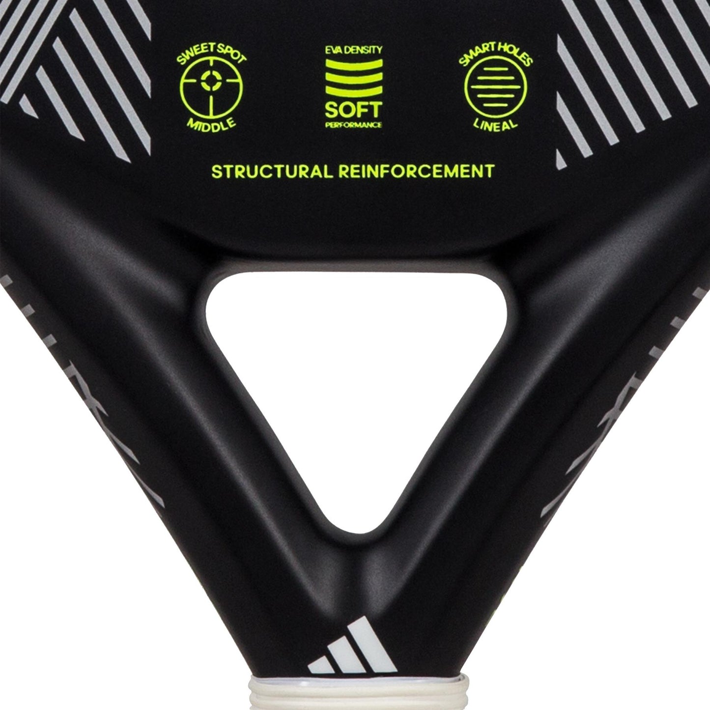 A close-up of the ADIDAS Match 3.3 Padel Racket in black and lime showcases its teardrop-shaped head with neon yellow text and symbols. It highlights features such as "soft performance," "structural reinforcement," "sweet spot middle," and "smart holes lineal," enhanced by a triangle-shaped cutout, making it ideal for beginner players.