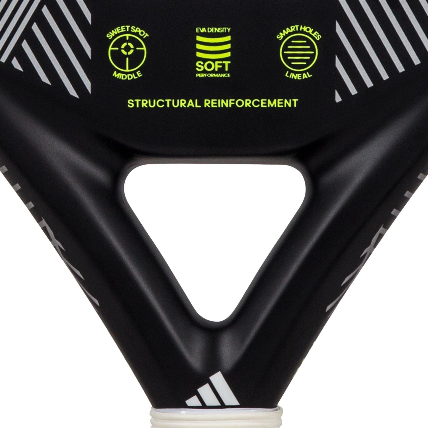 A close-up of the ADIDAS Match 3.3 Padel Racket in black and lime showcases its teardrop-shaped head with neon yellow text and symbols. It highlights features such as "soft performance," "structural reinforcement," "sweet spot middle," and "smart holes lineal," enhanced by a triangle-shaped cutout, making it ideal for beginner players.