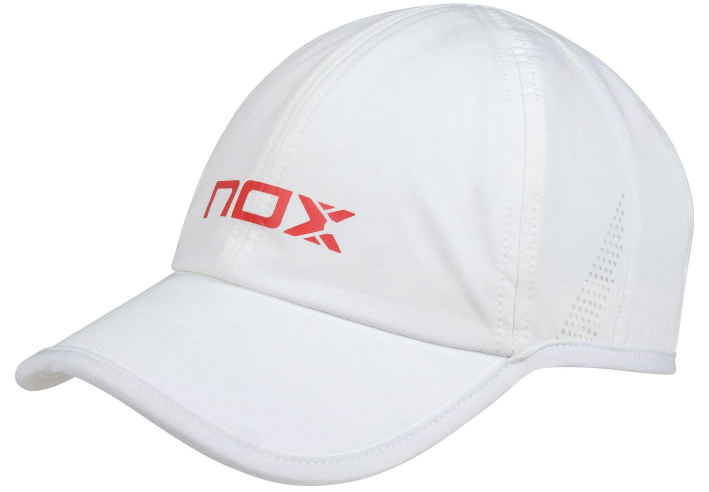 The NOX Padel Cap - White / Red by NOX features red "NOX" branding on the front, stitched detailing, ventilation holes for sun protection, and an adjustable fit for comfort.
