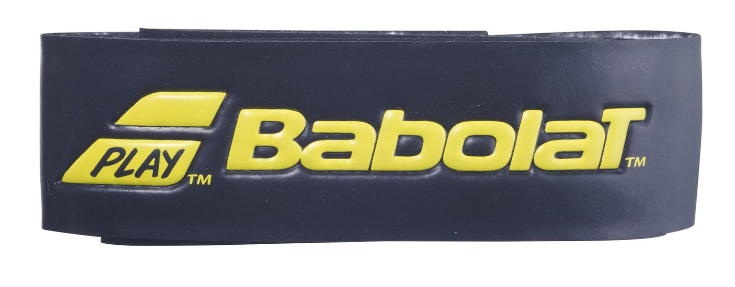 Close-up of a black Babolat Syntec Pro X1 Replacement Padel Grip featuring the yellow "Babolat" logo and "Play" branding, favored by players on the professional circuit.