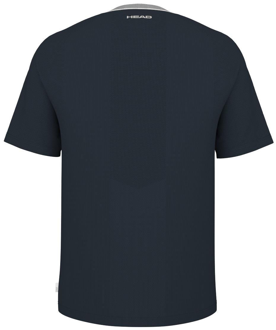 The image shows the back of a plain navy HEAD Performance Men's Padel T-Shirt with short sleeves, featuring a small logo near the neckline and Moisture Transfer Microfiber technology for optimal comfort and breathability.