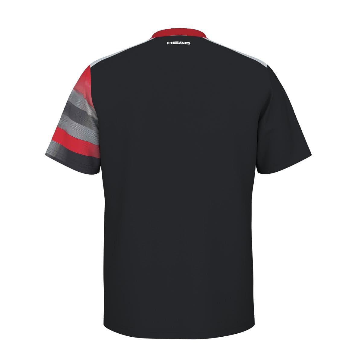 Back view of the HEAD Vision Topspin Mens Padel T-Shirt - BKXV in black, showcasing a unique design on the left sleeve with red, gray, and black stripes. This HEAD jersey is crafted with Moisture Transfer Microfiber for exceptional comfort and features a small logo on the collar area.