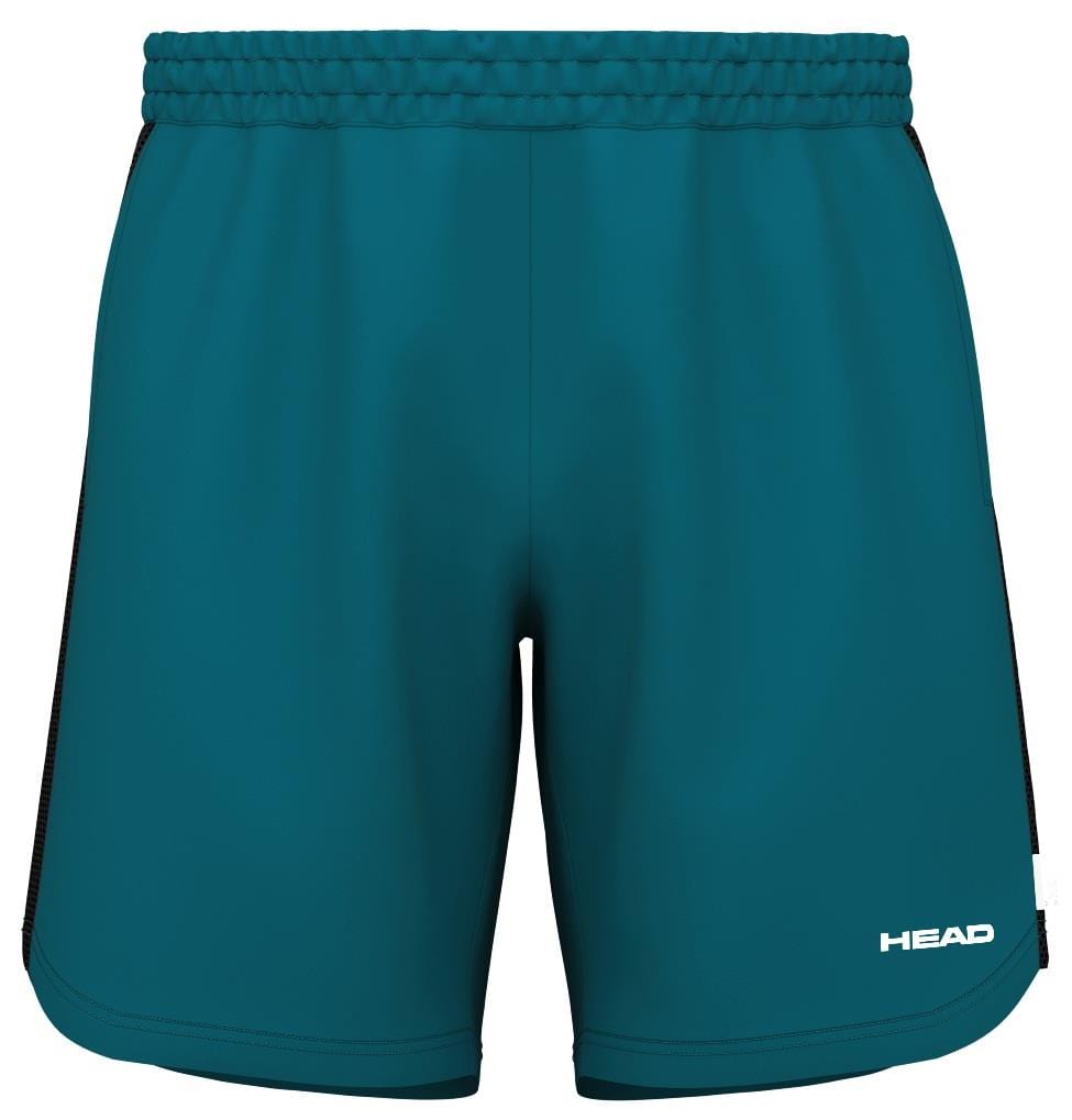 The HEAD Power Men's Padel Shorts - TE feature blue 4-way stretch fabric with an elastic waistband and black side panels. "HEAD" is printed in white on the lower right leg, ideal for padel enthusiasts seeking style and functionality.