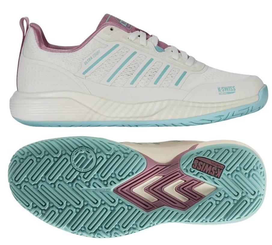 The K-Swiss Ultra Court Women's Padel Shoes come in white with light blue stripes, a pink interior, and Drag Guard 7.0 technology for durability. The sole is turquoise-treaded with a pink "K-Swiss" mark, ideal for Ultra Court play.
