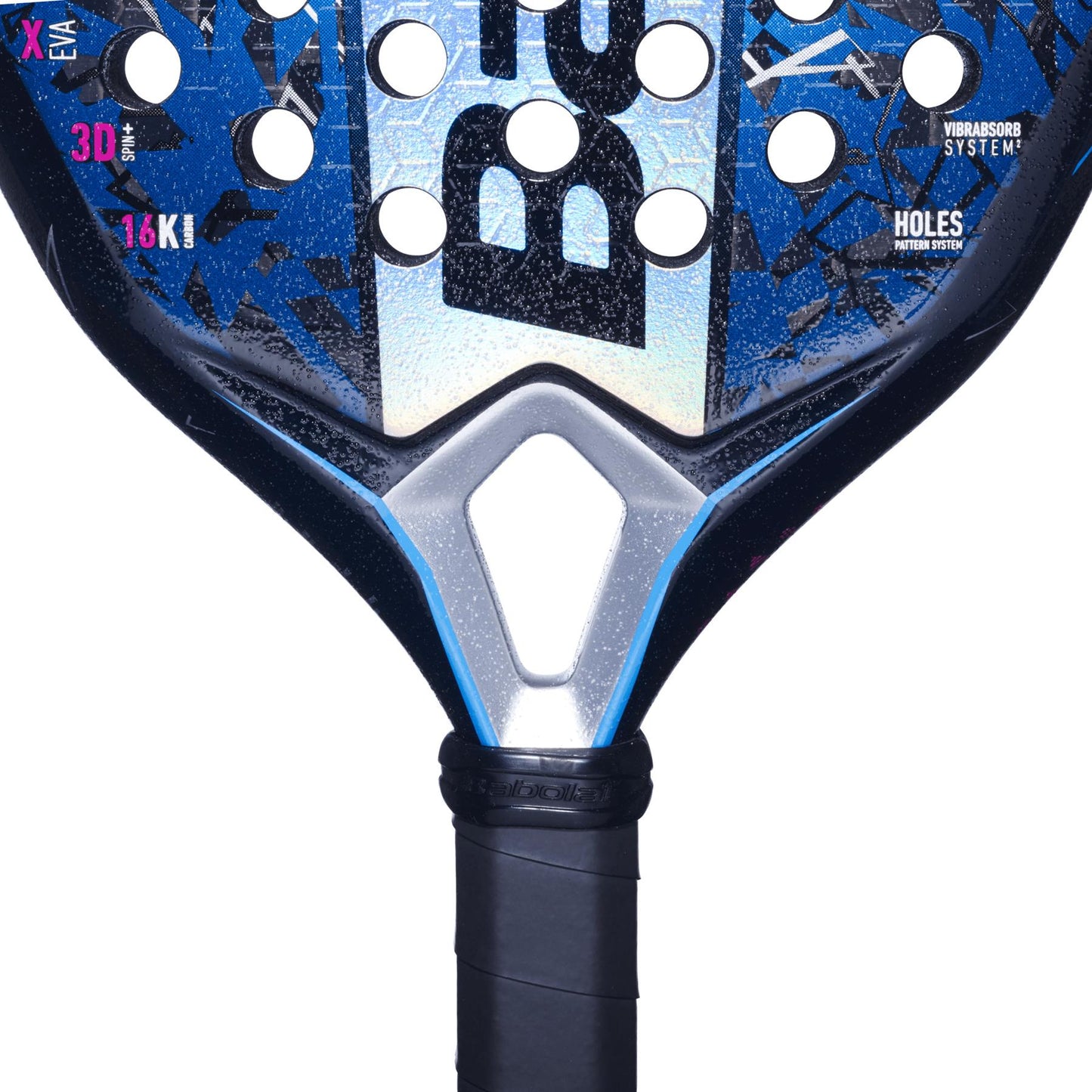 Close-up of a Babolat Air Viper 2.5 Padel Racket - Blue shows geometric patterns and holes on the head. The black grip complements the "Vibrasorb System" text, highlighting its advanced Holes Pattern System designed for Air Strikers seeking precision.
