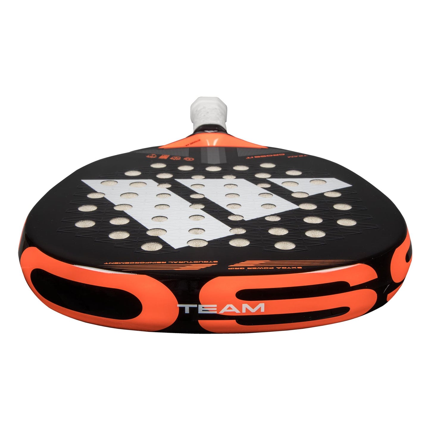 Close-up of the ADIDAS Cross It Team 3.4 advanced-level padel racket in black and orange, featuring dynamic airflow with circular surface holes. The adidas brand name is elegantly displayed on the side, and it has a light-colored grip handle for optimal comfort.