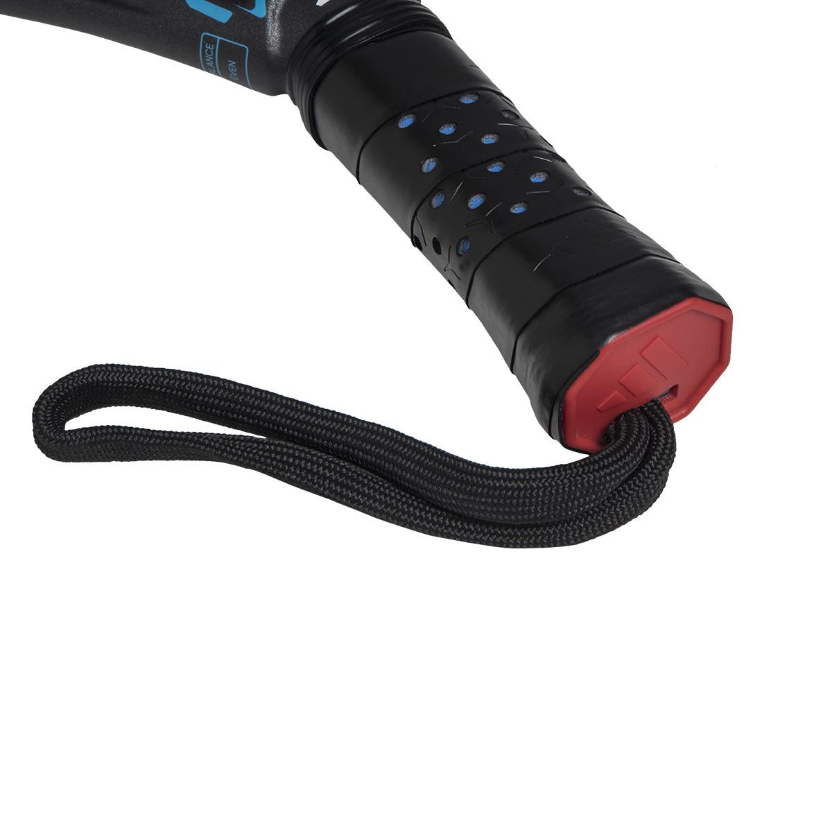 A close-up of the ADIDAS Adipower Multiweight CTRL 3.4 Padel Racket reveals a black handle with a sleek grip featuring tiny blue dots, honoring Álex Ruiz. It has a hexagonal dark red end cap and a sturdy black wrist strap, all by adidas.