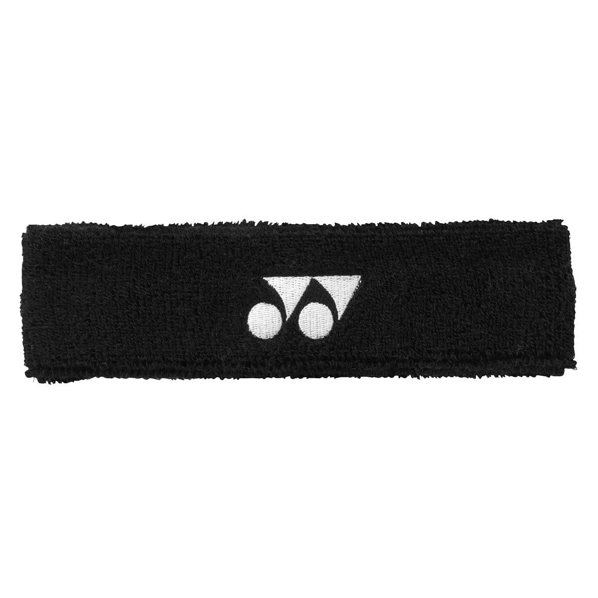The Yonex AC259 Padel Headband - Black displays a distinctive white logo featuring two connected circles and a downward-pointing triangle. Crafted from materials that absorb sweat and have antibacterial properties, its soft texture makes it ideal for athletic activities.