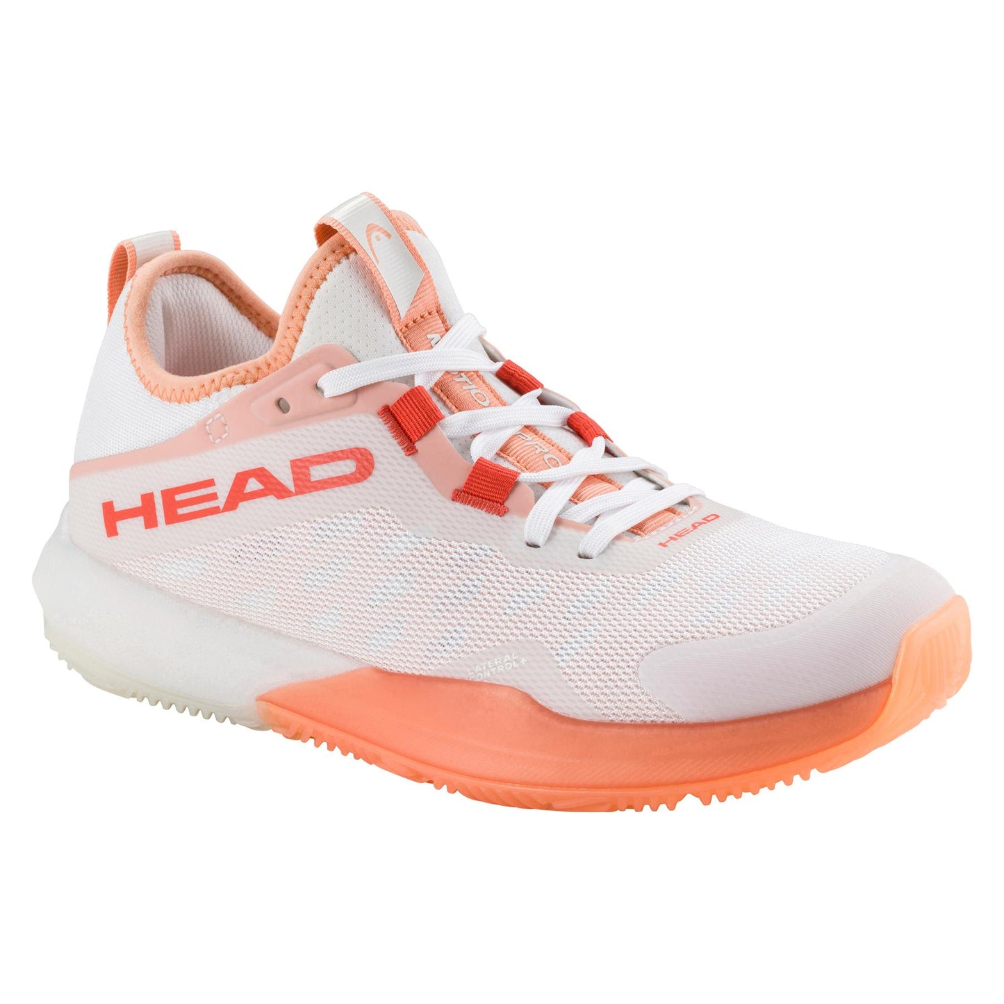 These HEAD Motion Pro Women's Padel Shoes in white/coral feature orange accents, "HEAD" on the side, a low-top design, white laces, and a textured sole with DynaFoam technology for stylish performance.
