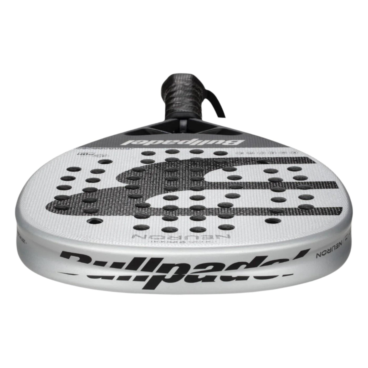 The Bullpadel Neuron 2025 Padel Racket from Bullpadel showcases a stylish white and black design. Its X-TEND Carbon 3K surface enhances durability, while perforations and the brand's name add distinct elements. The handle is finished with a black grip tape for added comfort.