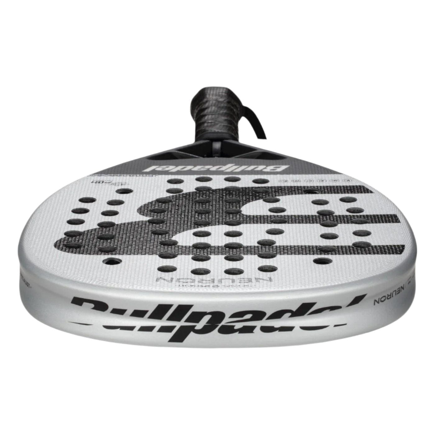 The Bullpadel Neuron 2025 Padel Racket from Bullpadel showcases a stylish white and black design. Its X-TEND Carbon 3K surface enhances durability, while perforations and the brand's name add distinct elements. The handle is finished with a black grip tape for added comfort.