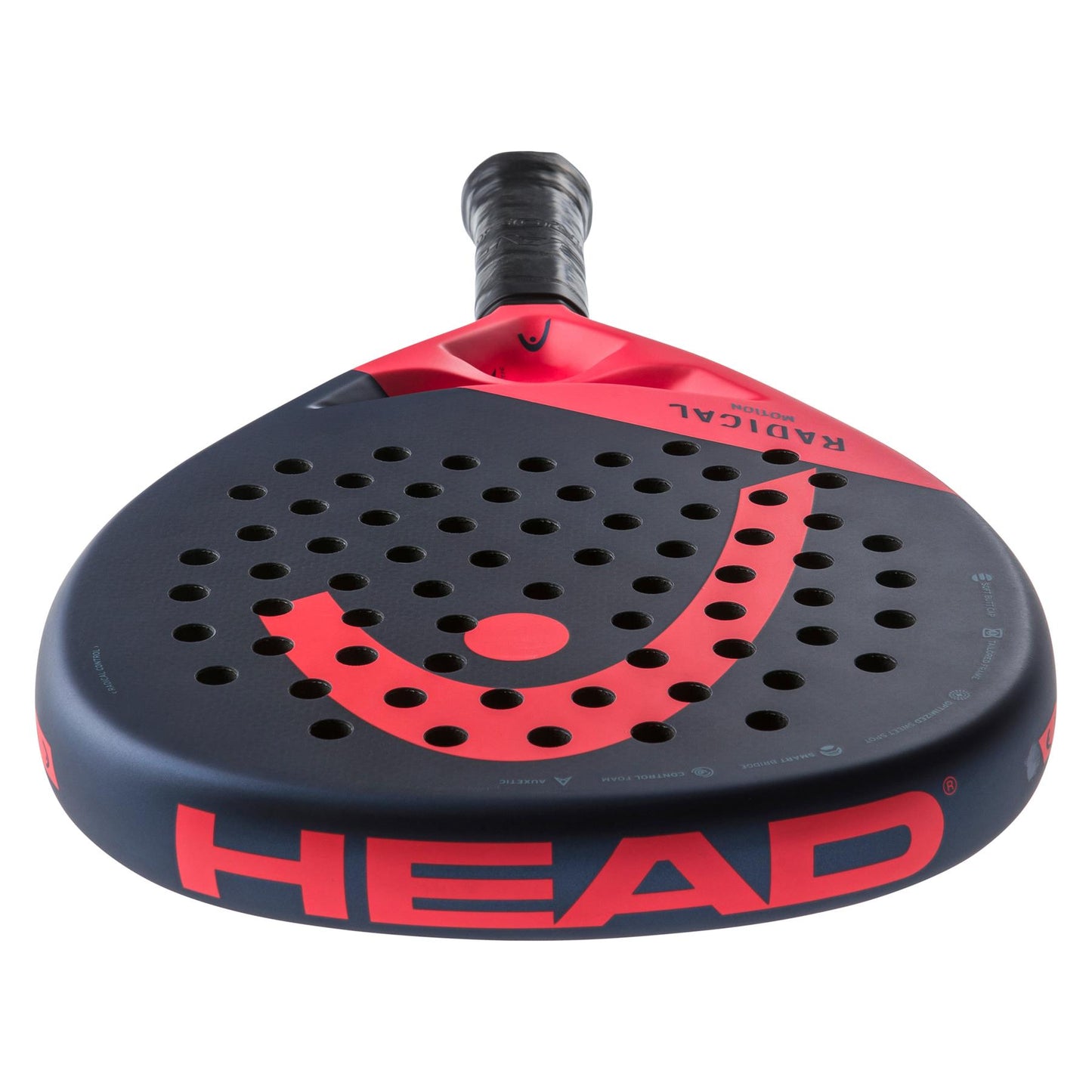 The HEAD Radical Motion 2024 Padel Racket features a round, perforated head with a navy and red design. Incorporating Auxetic technology for improved performance, it prominently displays the "HEAD" branding in red on the side. The handle is equipped with black grip tape to ensure optimal control.