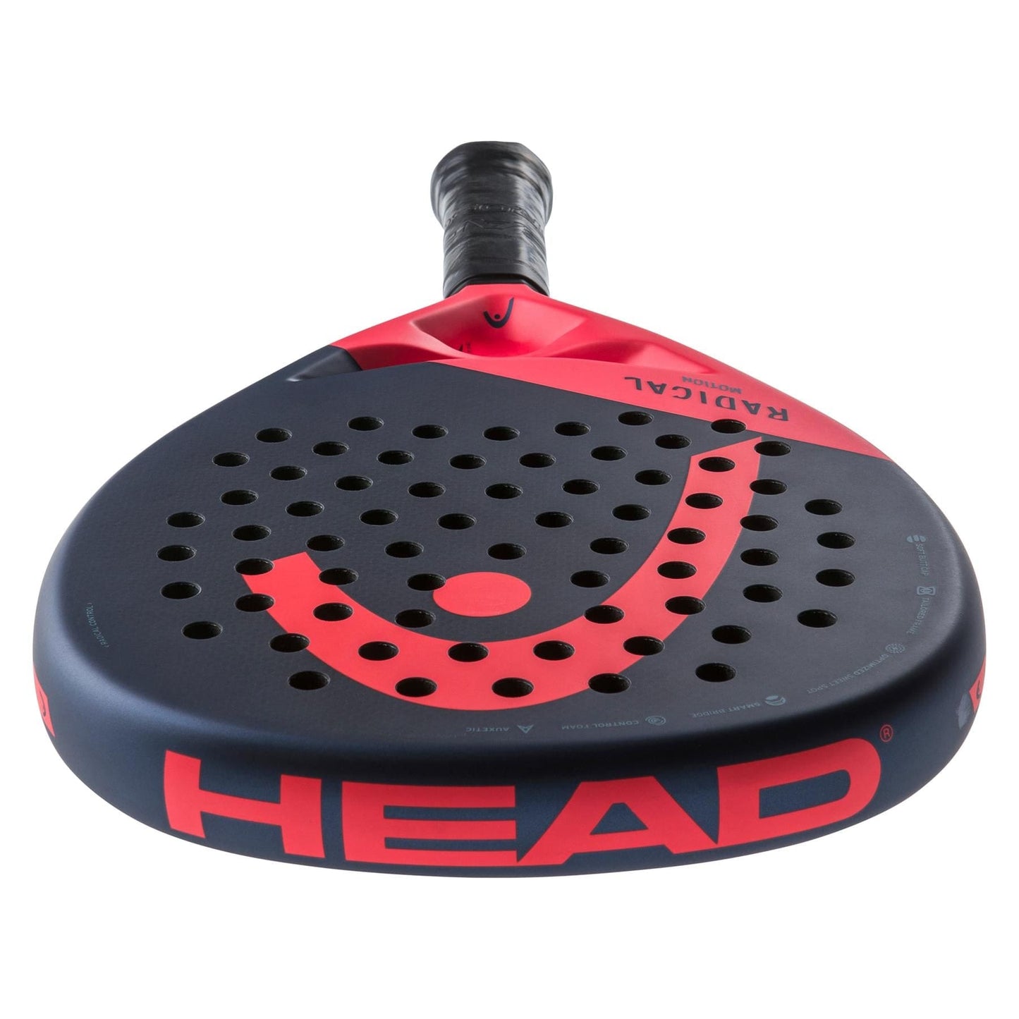 The HEAD Radical Motion 2024 Padel Racket features a round, perforated head with a navy and red design. Incorporating Auxetic technology for improved performance, it prominently displays the "HEAD" branding in red on the side. The handle is equipped with black grip tape to ensure optimal control.