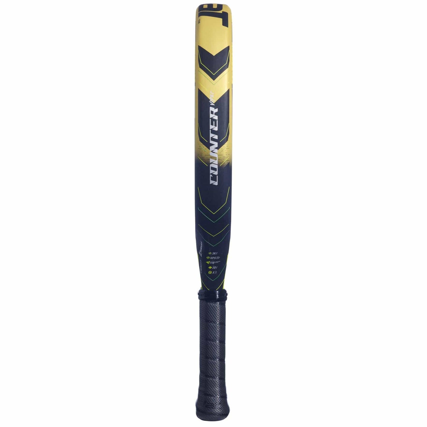 A yellow and black baseball bat, emblazoned with "CONNEX" in white letters, stands vertically against a white backdrop. It boasts a textured grip handle and vibration dampening for impressive power, akin to the precision of the Babolat Counter Viper Padel Racket.