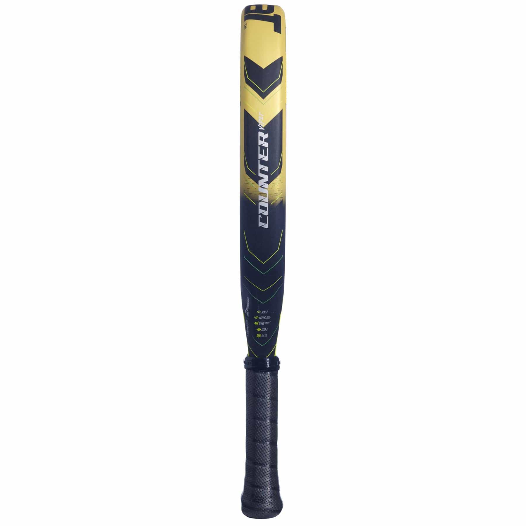 A yellow and black baseball bat, emblazoned with "CONNEX" in white letters, stands vertically against a white backdrop. It boasts a textured grip handle and vibration dampening for impressive power, akin to the precision of the Babolat Counter Viper Padel Racket.