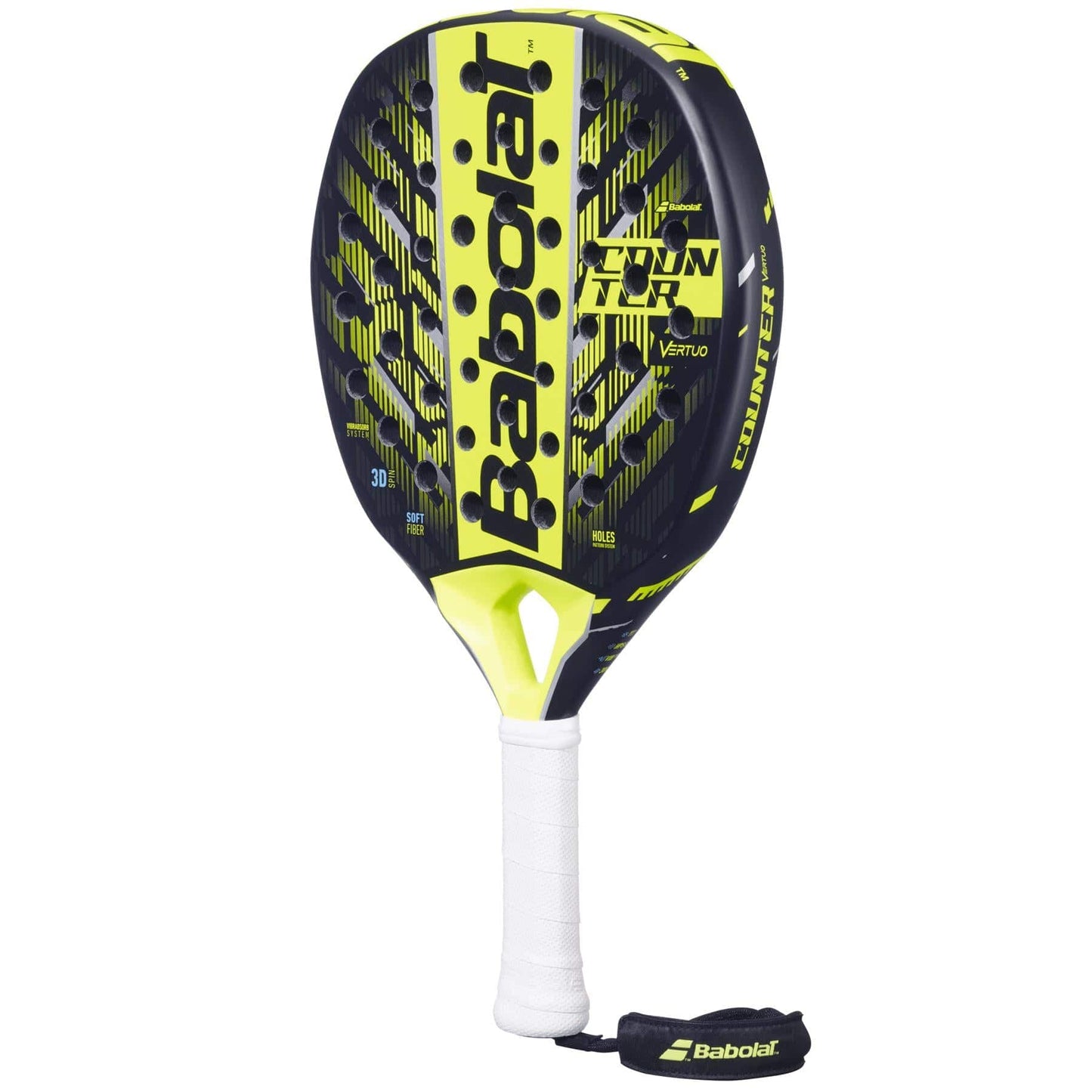 The Babolat Counter Vertuo 2.5 Padel Racket in black and yellow features a white grip, black wrist strap, and visible model name on the face—perfect for counter strikers.