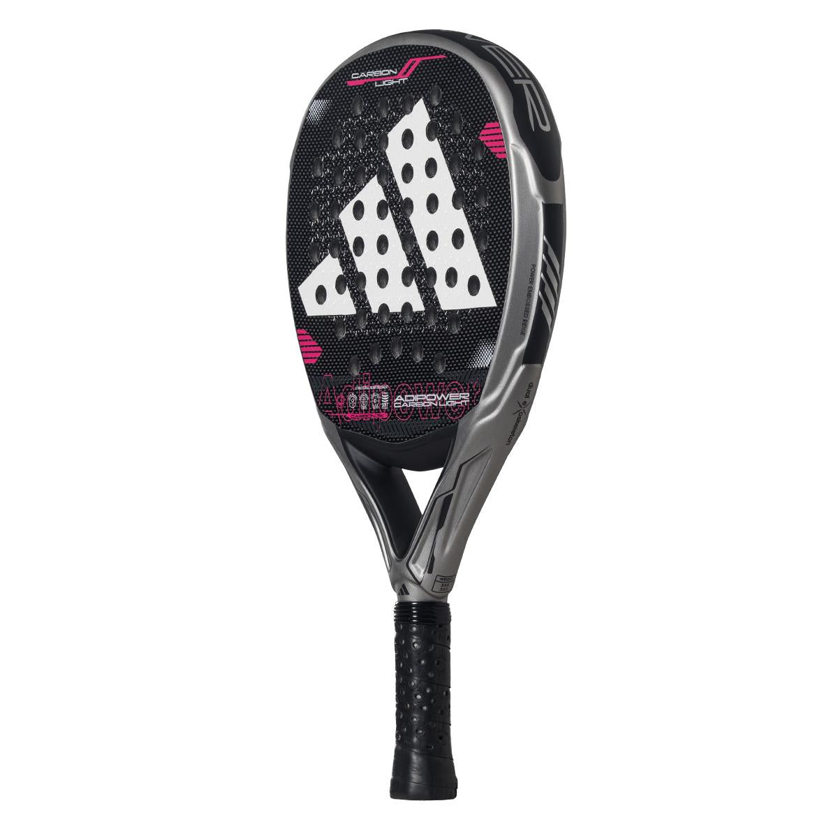 The ADIDAS Adipower Carbon Light 3.4 Padel Racket features a silver and pink design, accented by its large logo. Its Carbon 3K Fibre with 3D Spin Blade Mold provides precision and power. The surface has perforations, while the handle is wrapped in black grip tape for superior control.