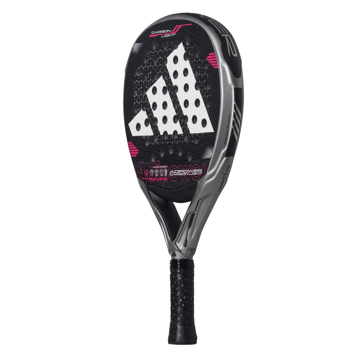 The ADIDAS Adipower Carbon Light 3.4 Padel Racket features a silver and pink design, accented by its large logo. Its Carbon 3K Fibre with 3D Spin Blade Mold provides precision and power. The surface has perforations, while the handle is wrapped in black grip tape for superior control.