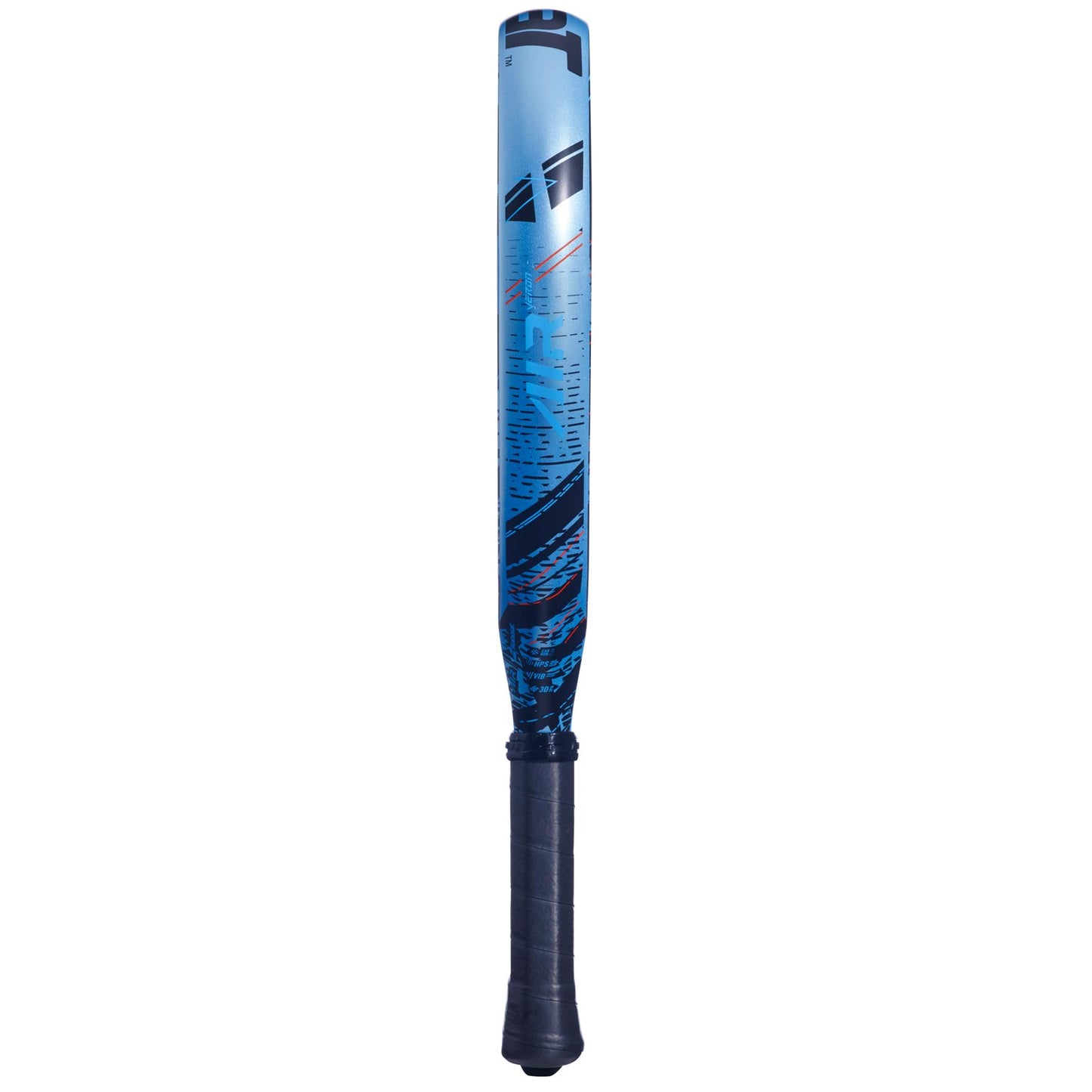 A Babolat Air Veron padel racket in blue and black, featuring a sleek design and comfortable grip handle, is displayed upright against a white background, highlighting its dynamic power.