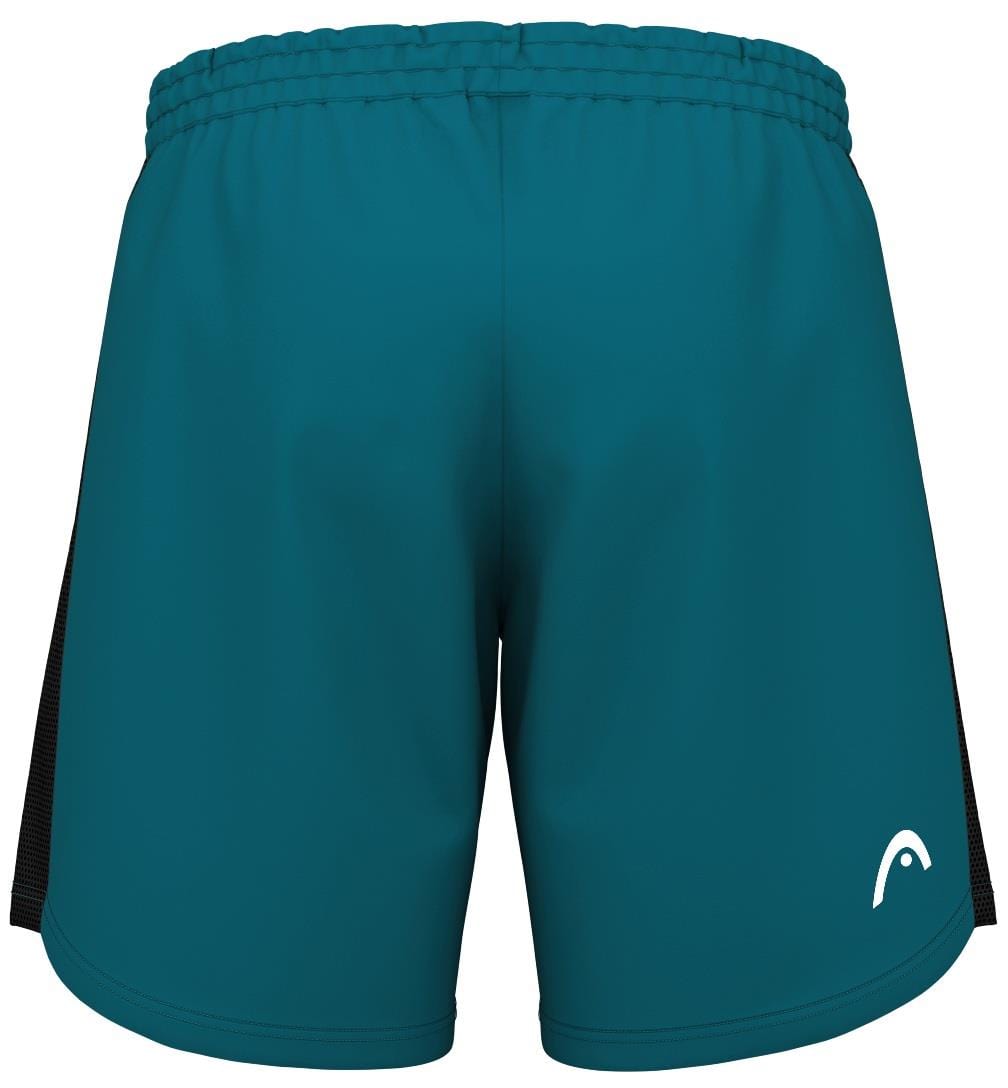 The HEAD Power Men's Padel Shorts in teal feature a back view with black side panels. Made from lightweight, 4-way stretch fabric with Moisture Transfer Microfiber technology, they ensure comfort. An elastic waistband provides a perfect fit, and the lower left side sports a white HEAD logo.