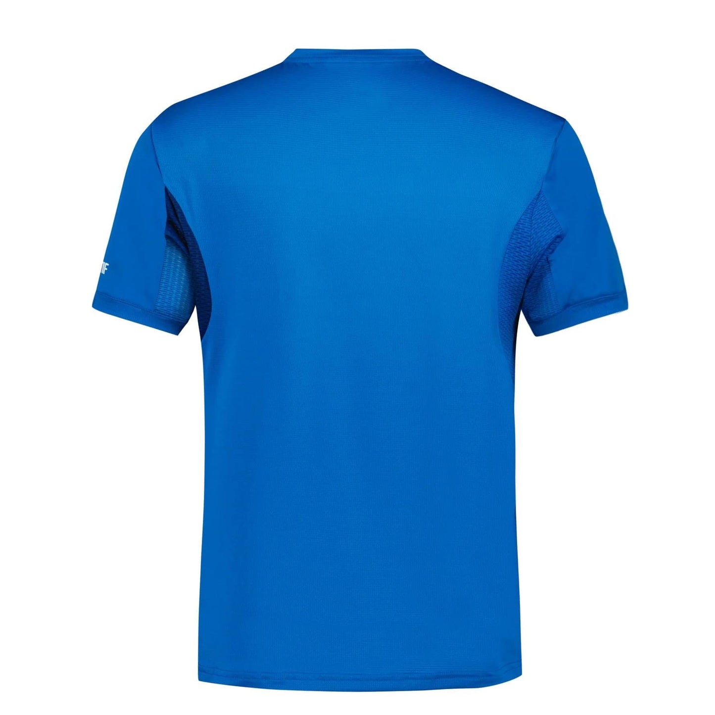 The Le Coq Sportif Pro Men's Padel T-Shirt in Lapis Blue is shown from the back, showcasing a straightforward design with mesh panels on the sides to enhance breathability and allow fluid movement.