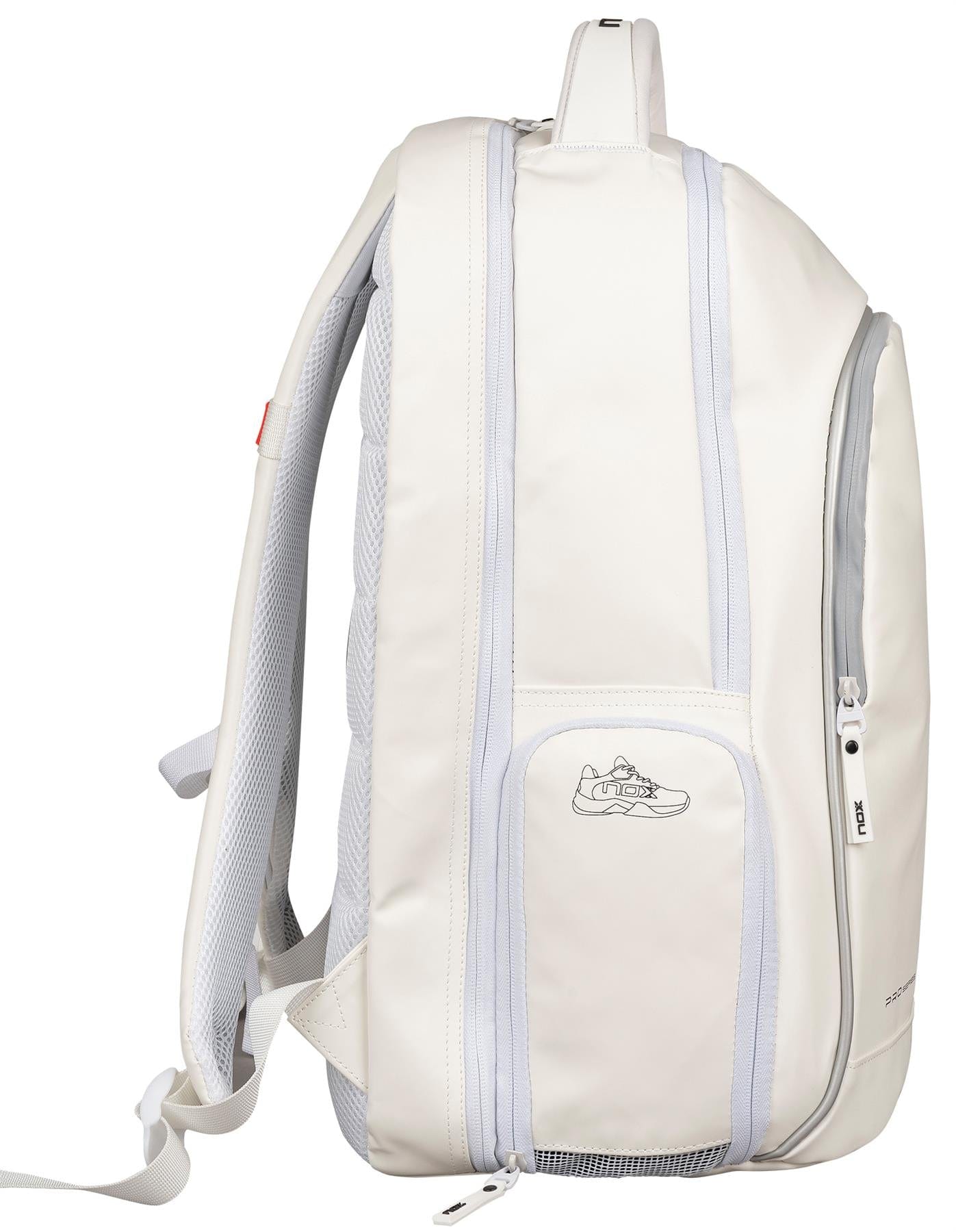 Side view of the NOX Pro Series Padel Backpack in white by NOX, featuring light gray accents, a front zip pocket, cartoon sneaker graphic on the lower front, and padded straps and back panel for comfort.