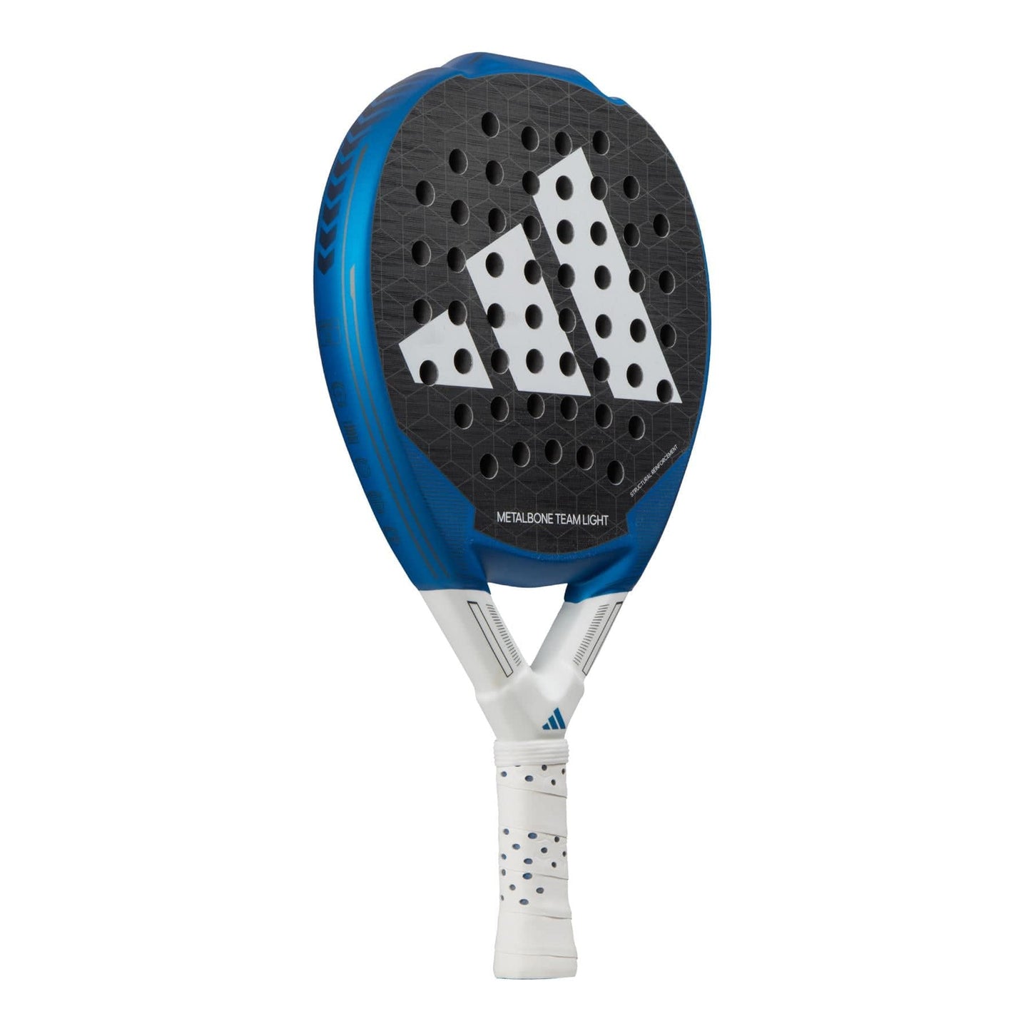 The ADIDAS Metalbone Team Light 3.3 Padel Racket in eye-catching blue and black comes with a white handle. The racket's face is adorned with a unique geometric logo and numerous perforations. Engineered for Soft Performance EVA, it elevates your game with both precision and style.