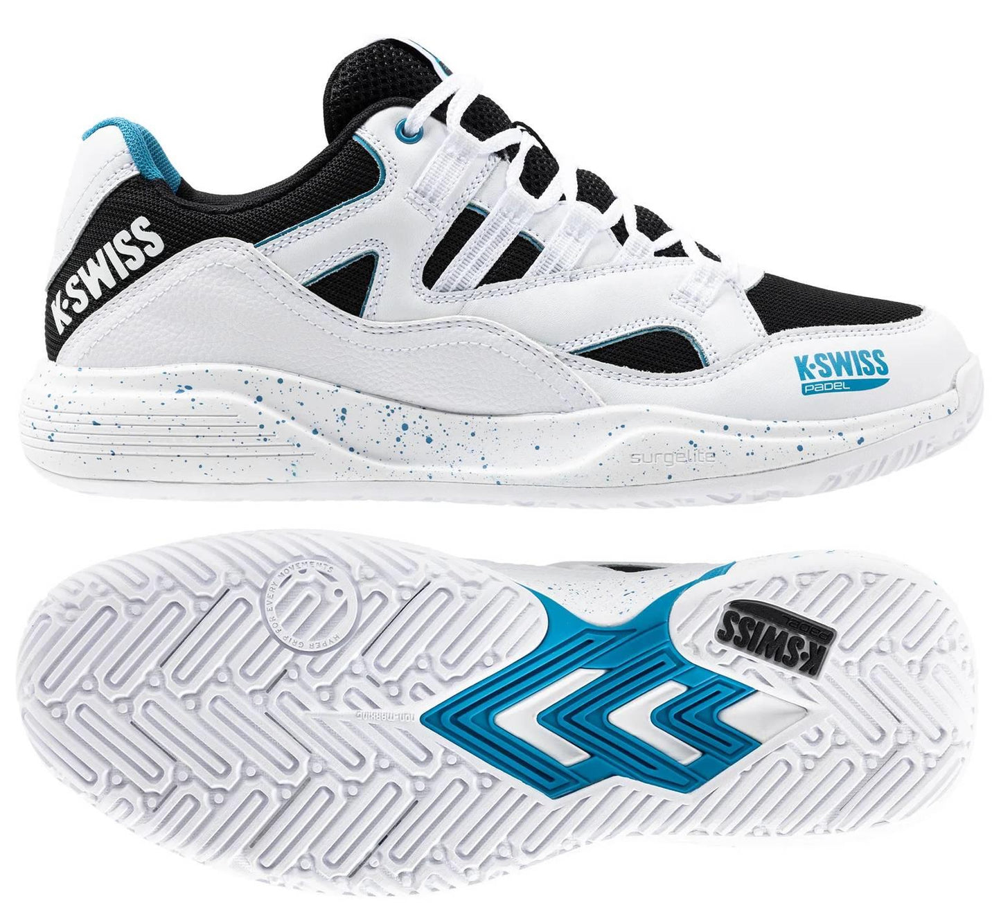 The K-Swiss Tura Team Men's Padel Shoes in white, black, and Blue Moon feature the blue K-Swiss logo on the side and heel. They offer midsole cushioning for comfort, a speckled design, and an intricate tread pattern for excellent court grip in blue and white.