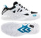 The K-Swiss Tura Team Men's Padel Shoes in white, black, and Blue Moon feature the blue K-Swiss logo on the side and heel. They offer midsole cushioning for comfort, a speckled design, and an intricate tread pattern for excellent court grip in blue and white.