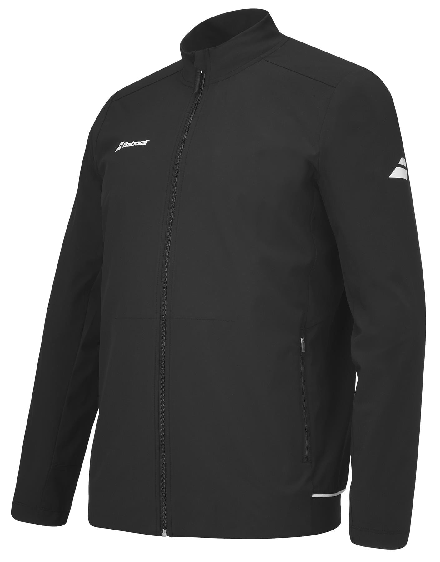 The Babolat Play Men's Padel Jacket in black is crafted from recycled polyester and features a high collar with a full front zipper. It showcases white Babolat logos on the chest and sleeve, along with zippered pockets on both sides for practical storage.