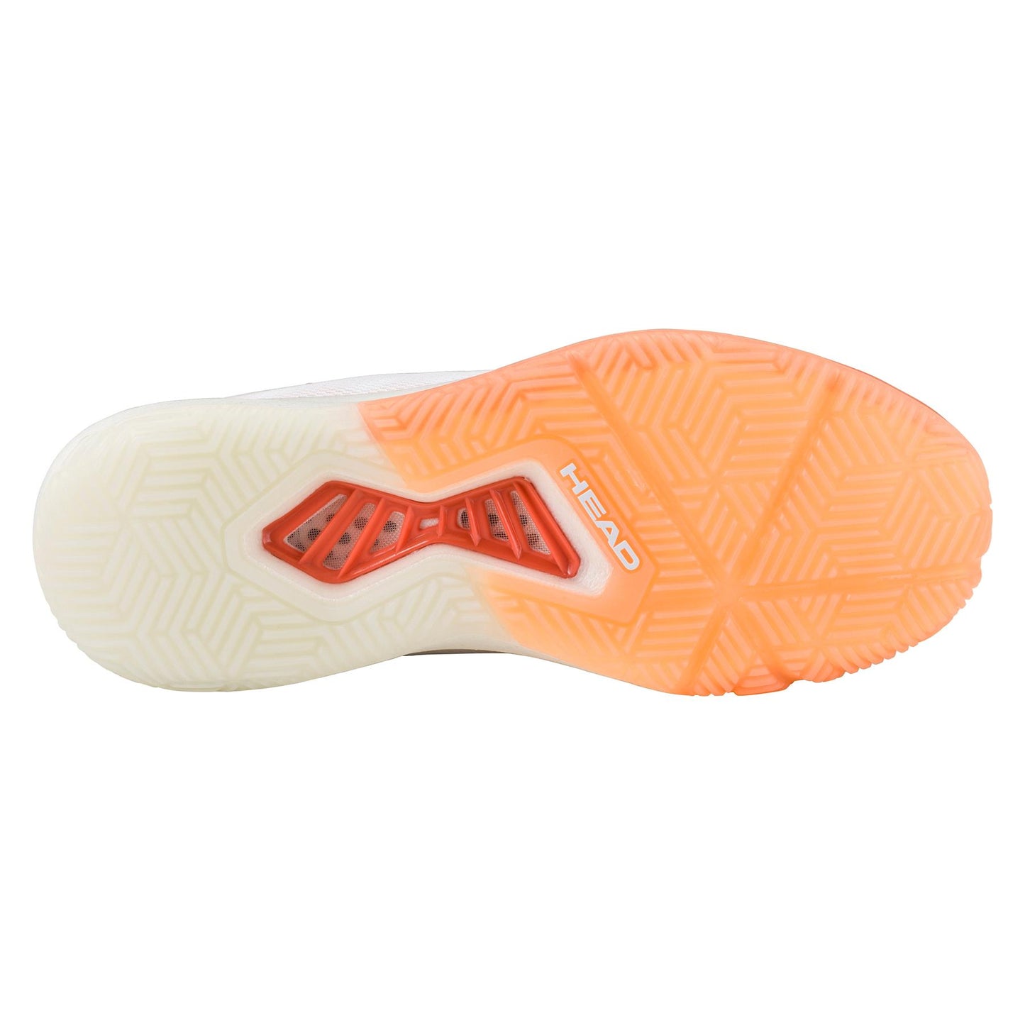 The bottom view of the HEAD Motion Pro Women's Padel Shoes in white/coral displays an orange and white sole with a geometric tread, featuring a cushioned section marked "HEAD," demonstrating the precision of MOTION PRO PADEL design enhanced by DynaFoam technology.