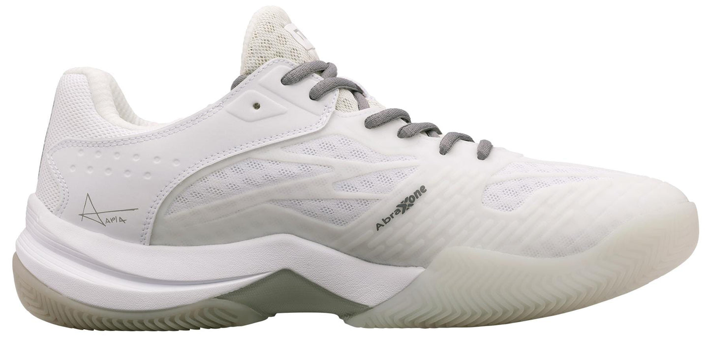 The NOX AT10 Lux Men's Padel Shoes in white/grey feature a textured sole, mesh details, gray laces, and subtle NOX branding near the heel and side—just like Agustin Tapia's best power padel shoes.