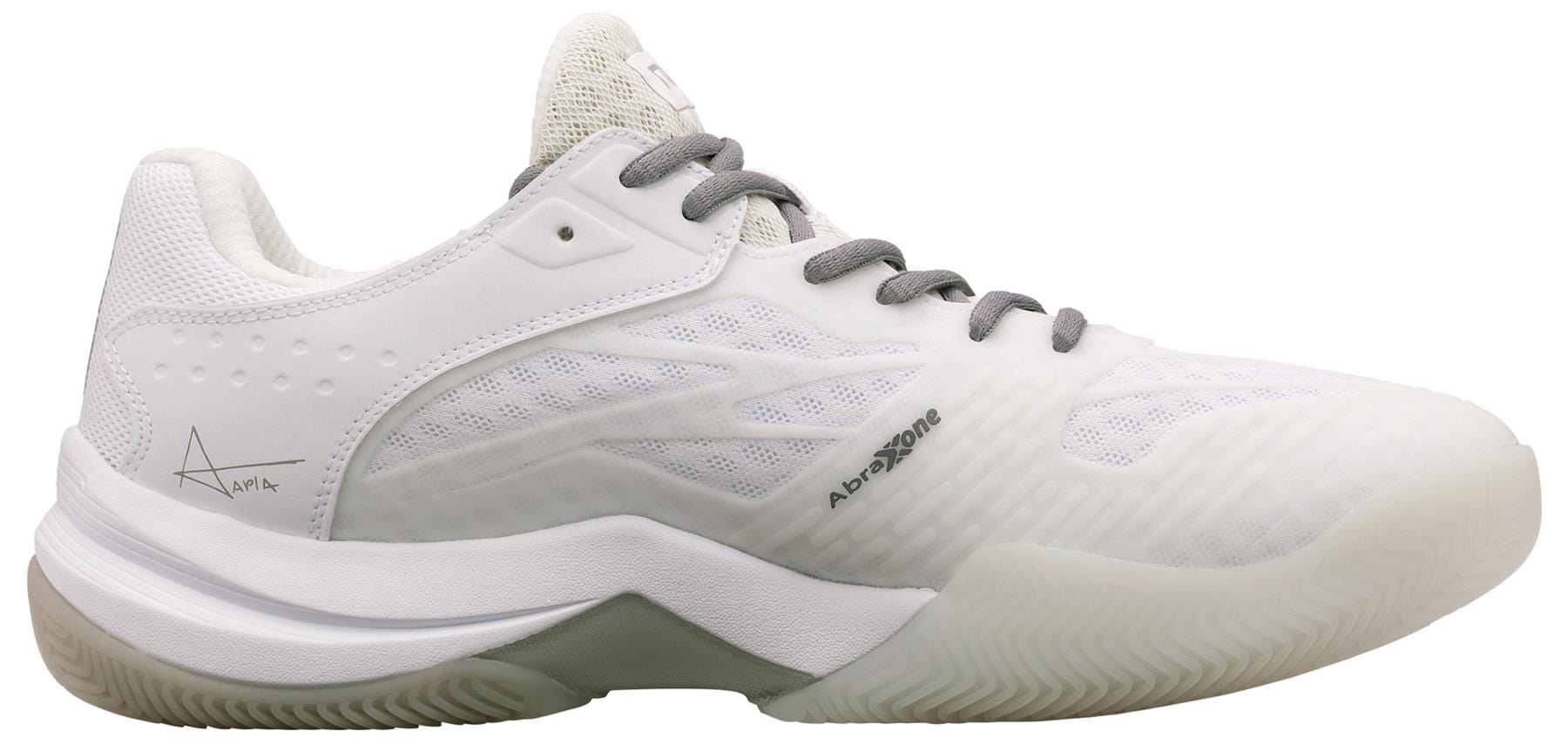 The NOX AT10 Lux Men's Padel Shoes in white/grey feature a textured sole, mesh details, gray laces, and subtle NOX branding near the heel and side—just like Agustin Tapia's best power padel shoes.