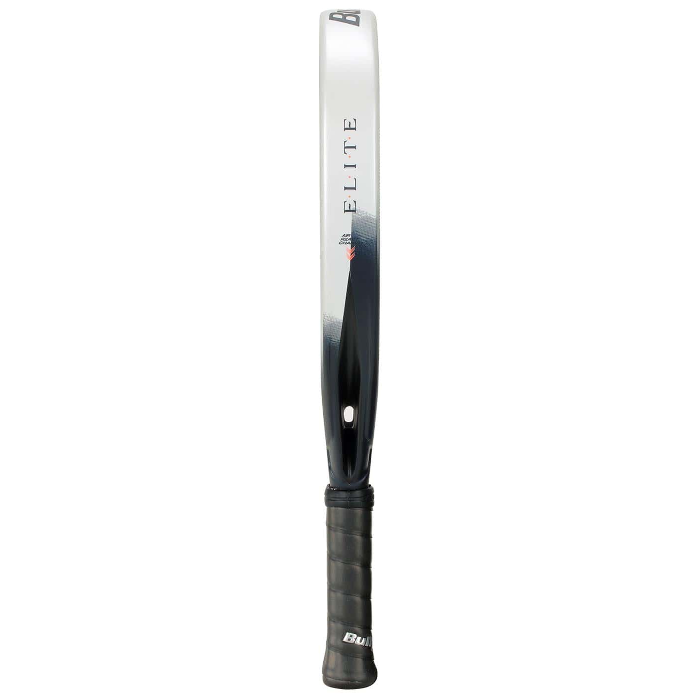 The Bullpadel Elite W 2026 Padel Racket by Bullpadel is shown vertically from the side, featuring a black handle and a white and black frame labeled "ELITE." The side profile emphasizes its top-tier performance design. Strings are not visible.