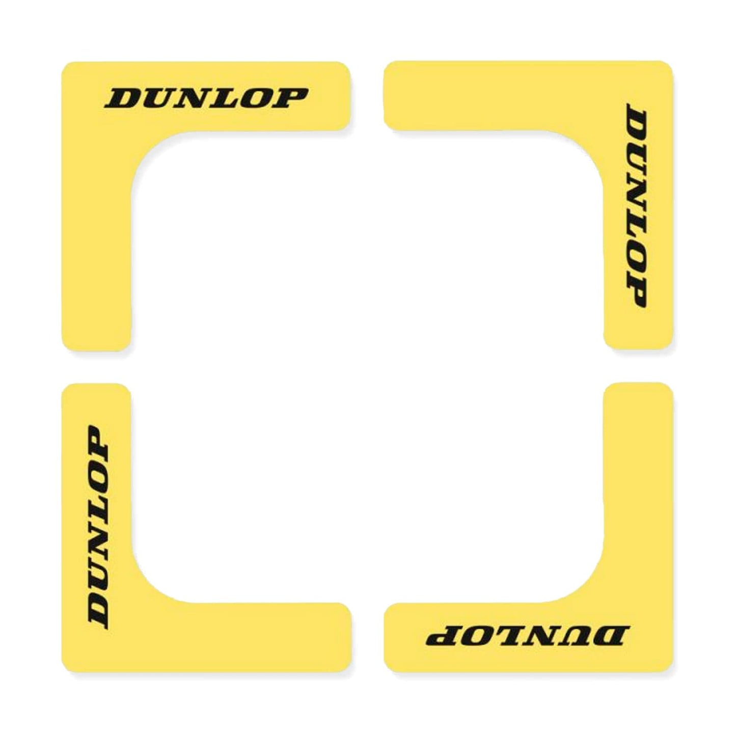Eight yellow Dunlop Padel Court Edge stickers from the pack are arranged in a square, each featuring the black "Dunlop" text. They are positioned at right angles to mimic a Dunlop Padel Court setup, creating a frame-like effect on a white background.