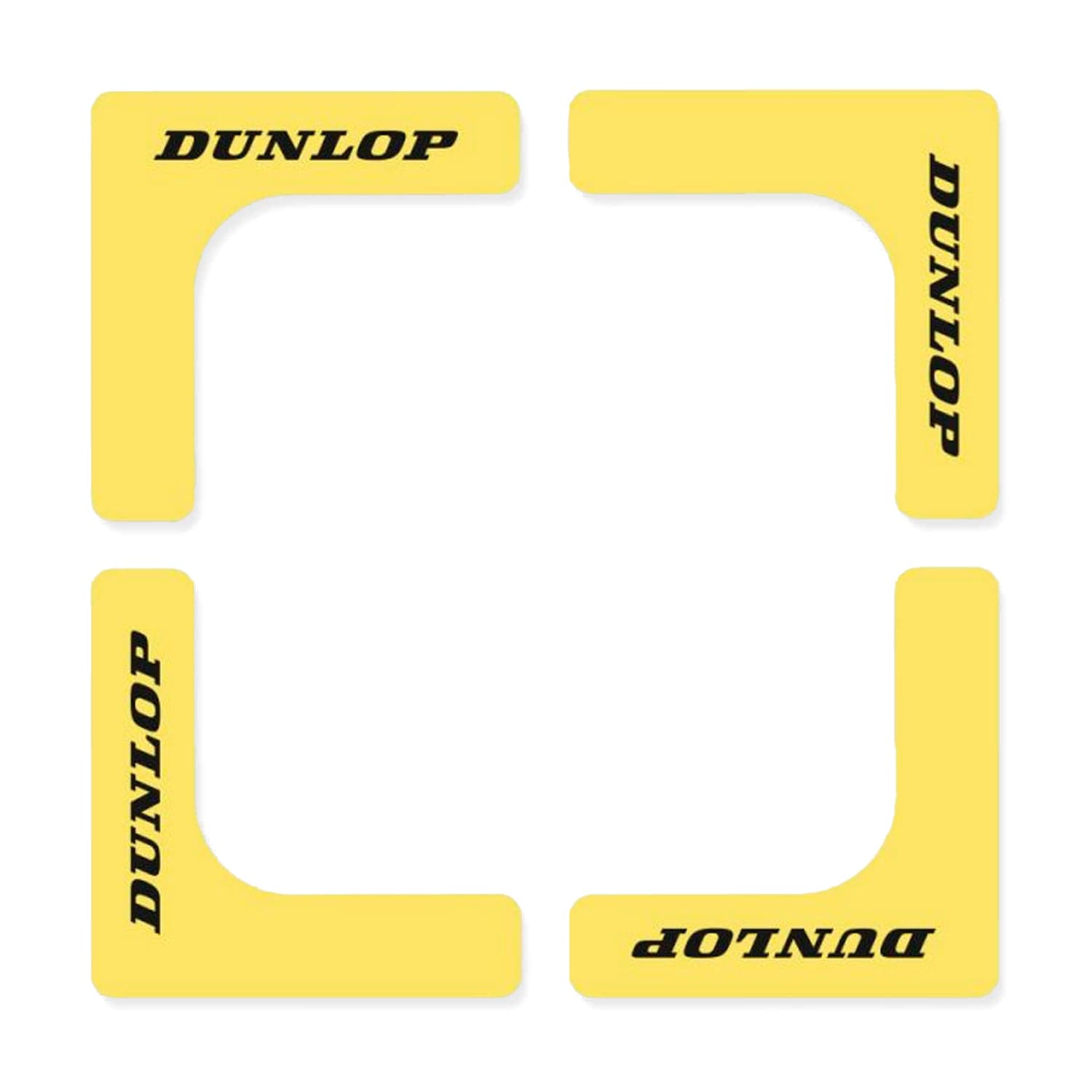 Eight yellow Dunlop Padel Court Edge stickers from the pack are arranged in a square, each featuring the black "Dunlop" text. They are positioned at right angles to mimic a Dunlop Padel Court setup, creating a frame-like effect on a white background.