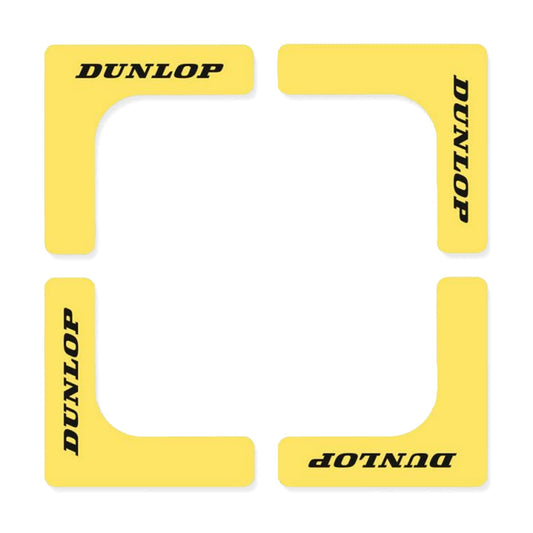 Eight yellow Dunlop Padel Court Edge stickers from the pack are arranged in a square, each featuring the black "Dunlop" text. They are positioned at right angles to mimic a Dunlop Padel Court setup, creating a frame-like effect on a white background.