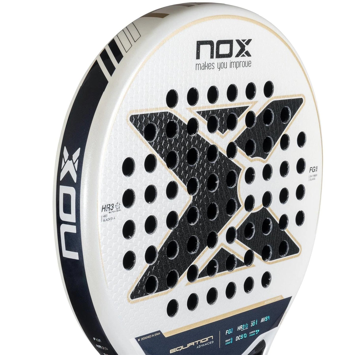 Close-up of the NOX Equation Advance Series Padel Racket by NOX—white surface, black X-shaped design, multiple small holes, "makes you improve" near the top, and NOX logo on the edge; ideal for intermediate players.