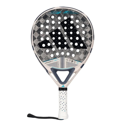 The adidas Cross It Light 3.4 Padel Racket in Chalk White features Power Extra Grip, a perforated hitting surface, white handle, black adidas logo on the face, and a black wrist strap for secure play.