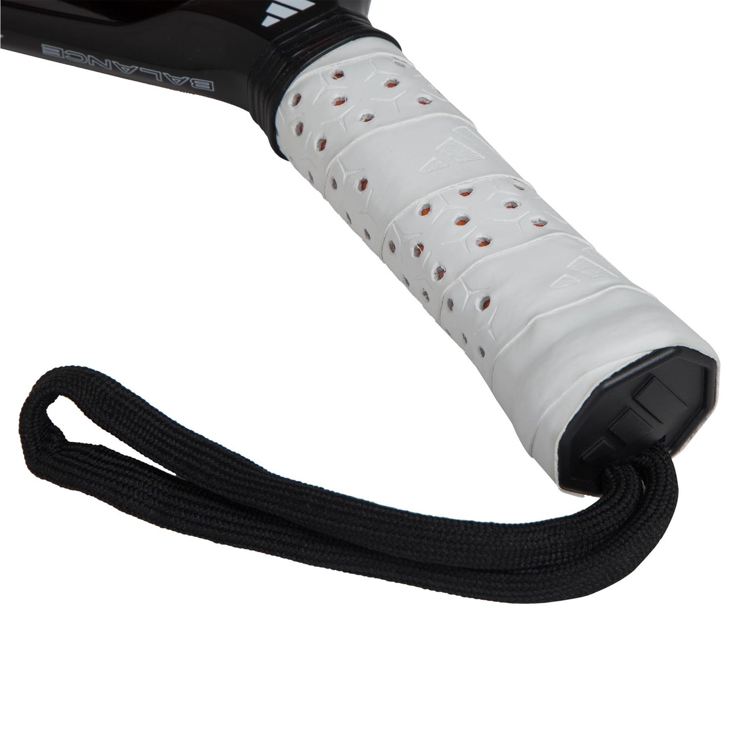 Close-up of an ADIDAS Cross It Team 3.4 Padel Racket handle in black/orange with a strap, wrapped in white grip with small holes and embossed logos. This advanced-level racket features "BALANCE" and dynamic airflow for enhanced court performance.