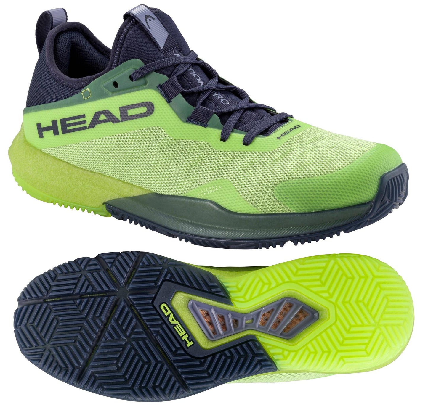 The HEAD Motion Pro Mens Padel Shoes in lime and navy feature advanced DynaFoam cushioning, a textured sole for 360-degree movement, and a breathable mesh upper. "HEAD" is displayed on the side; one shoe shows the tread pattern while the other is viewed from the side.