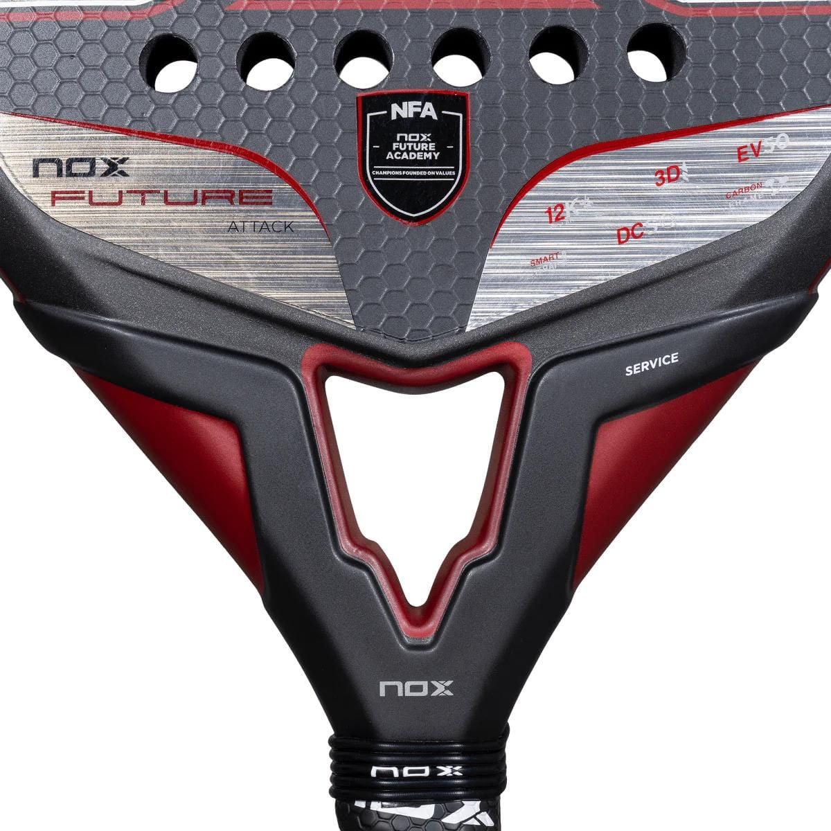 Close-up of the NOX NFA Future Attack 12K Alum Padel Racket in black and red, showing its textured Carbon Alum 12K surface, NOX branding, "Future Academy," "Service," and technical specs.