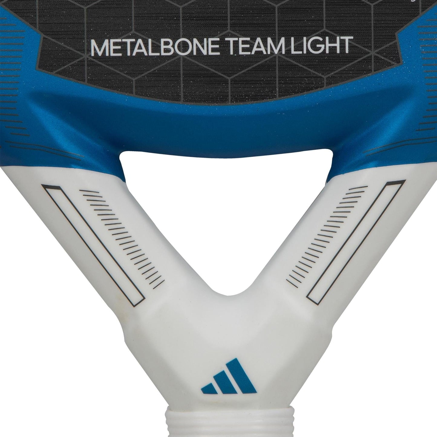 Close-up of the handle of the ADIDAS Metalbone Team Light 3.3 Padel Racket in blue and white, featuring "METALBONE TEAM LIGHT" text. The design showcases linear patterns and includes a Spin Blade Grit for enhanced control, along with the iconic adidas logo at the base. This racket is crafted for performance with Soft Performance EVA ensuring optimal feel.