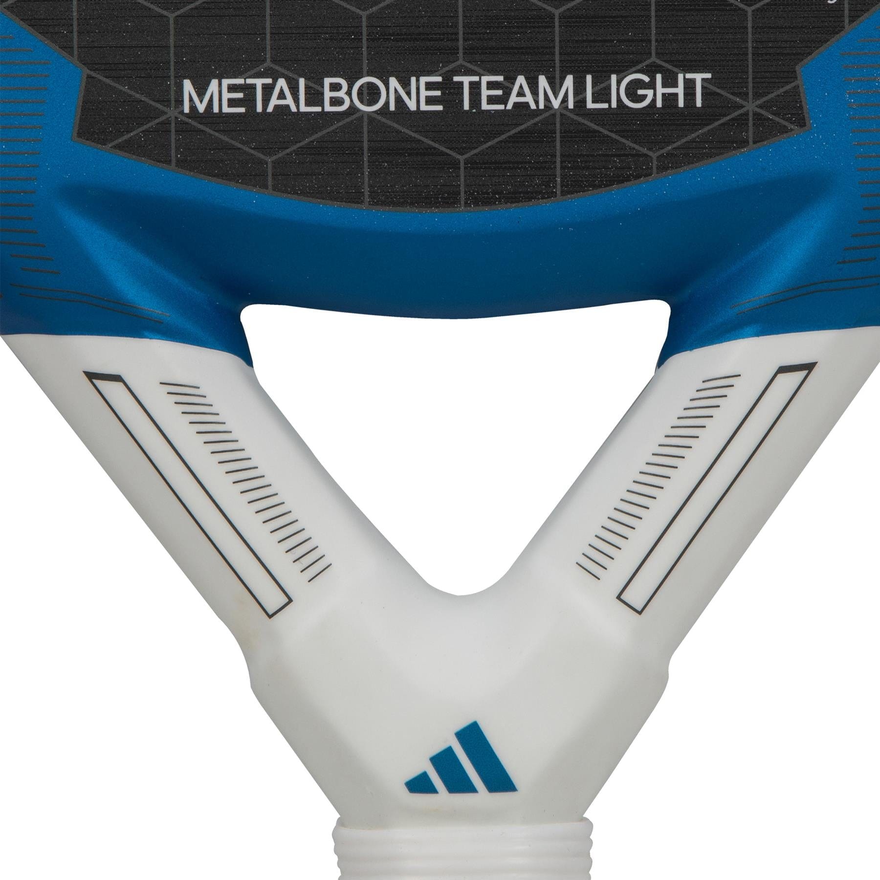 Close-up of the handle of the ADIDAS Metalbone Team Light 3.3 Padel Racket in blue and white, featuring "METALBONE TEAM LIGHT" text. The design showcases linear patterns and includes a Spin Blade Grit for enhanced control, along with the iconic adidas logo at the base. This racket is crafted for performance with Soft Performance EVA ensuring optimal feel.
