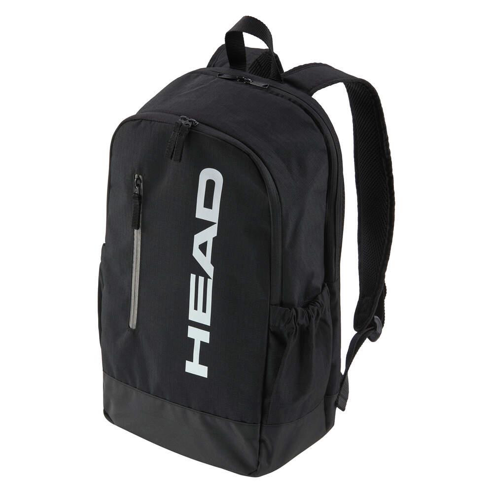 The HEAD BASE Padel Backpack 17L - Black features "HEAD" printed vertically in white, a front zipper pocket, side pockets, padded straps, a top handle, and a separate racket compartment.