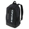 The HEAD BASE Padel Backpack 17L - Black features "HEAD" printed vertically in white, a front zipper pocket, side pockets, padded straps, a top handle, and a separate racket compartment.