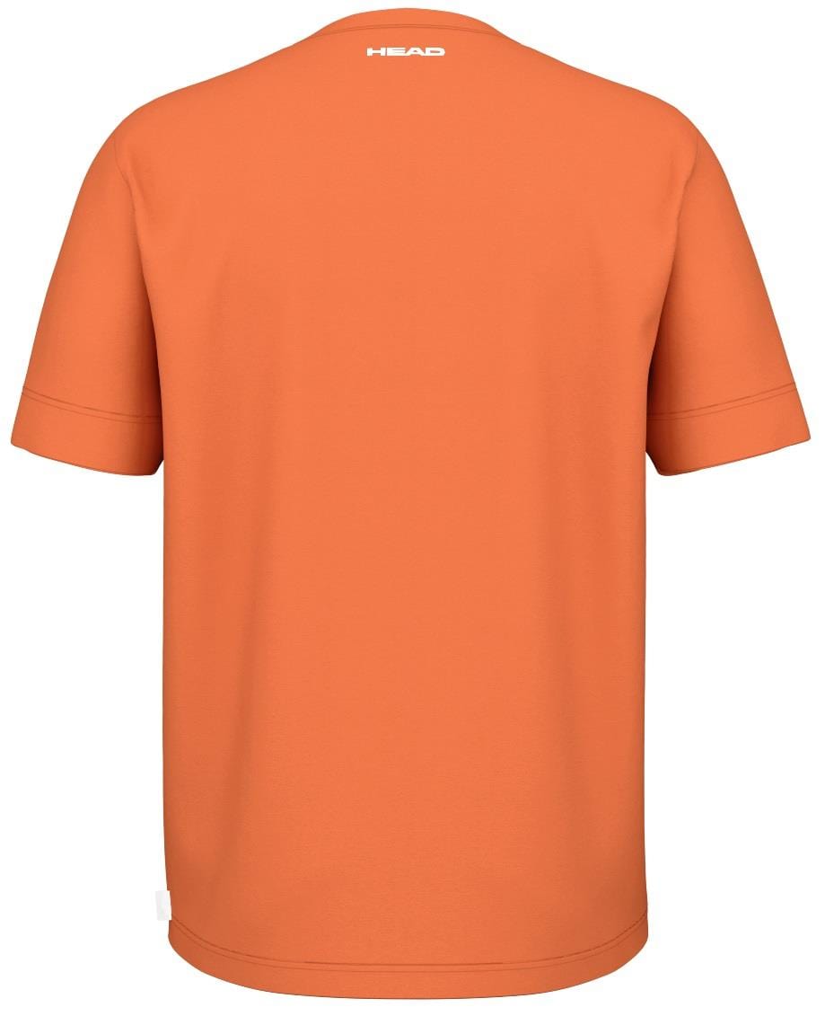 The HEAD Slice II Men's Padel T-Shirt in vibrant orange features a back view with "HEAD" printed in white near the collar. Crafted from 100% polyester interlock, it has short sleeves and Moisture Transfer Microfiber technology for simplicity and functionality.